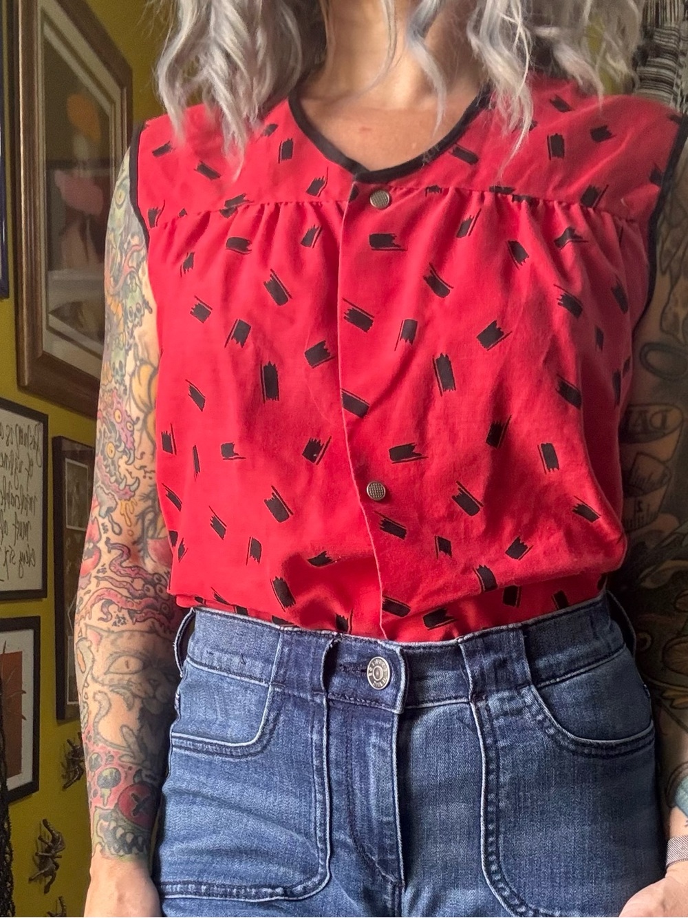 Vintage Red Black Cotton Apron Snap Top